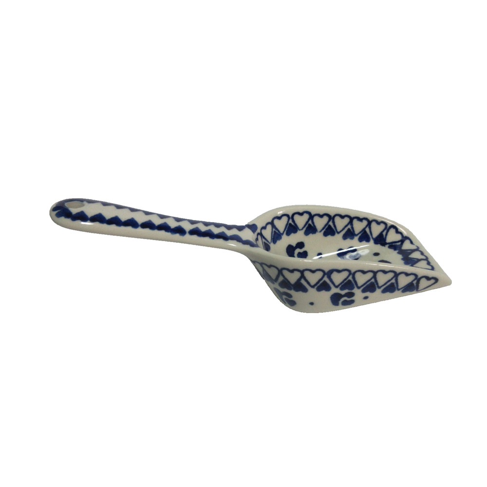 MANUFAKTU Polish Pottery Artist Signed Blue Hearts Pattern 7" Sugar Scoop